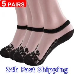 Soft Women Lace Boat Socks Invisible Socks 5 Pairs Thin Crystal Glass Silk No Show Socks Knit Low Transparent Short Summer Socks