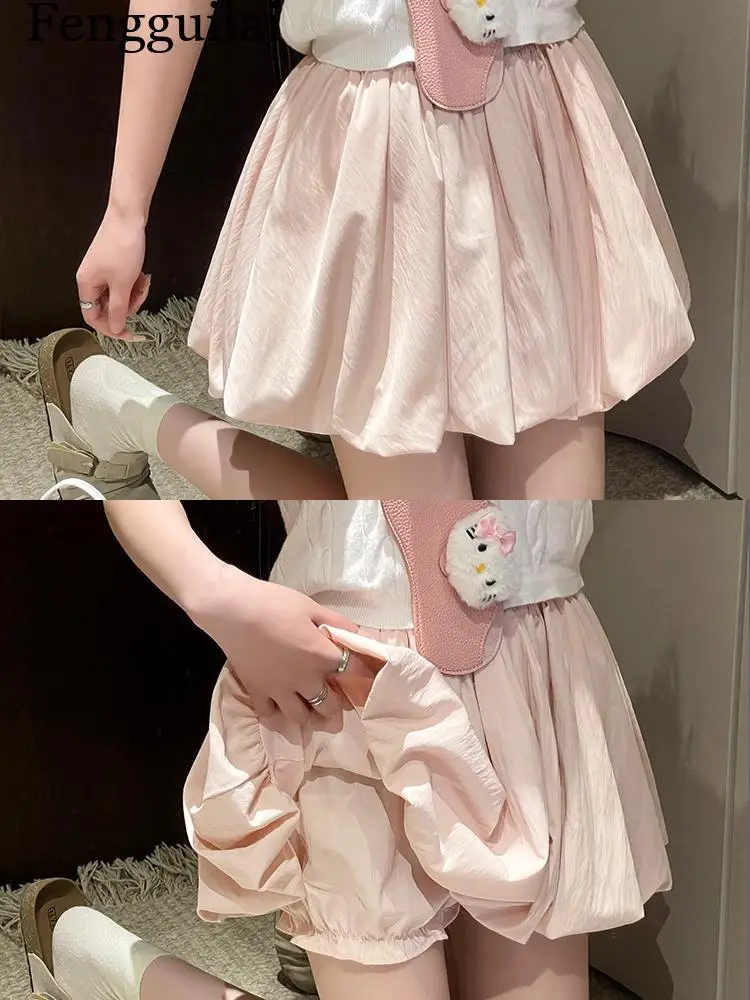 Women's Mini Skirt High Waist A-Line Slimming Summer Skirt with Built-in Shorts for Petite, Pleated Puff Hem Pink