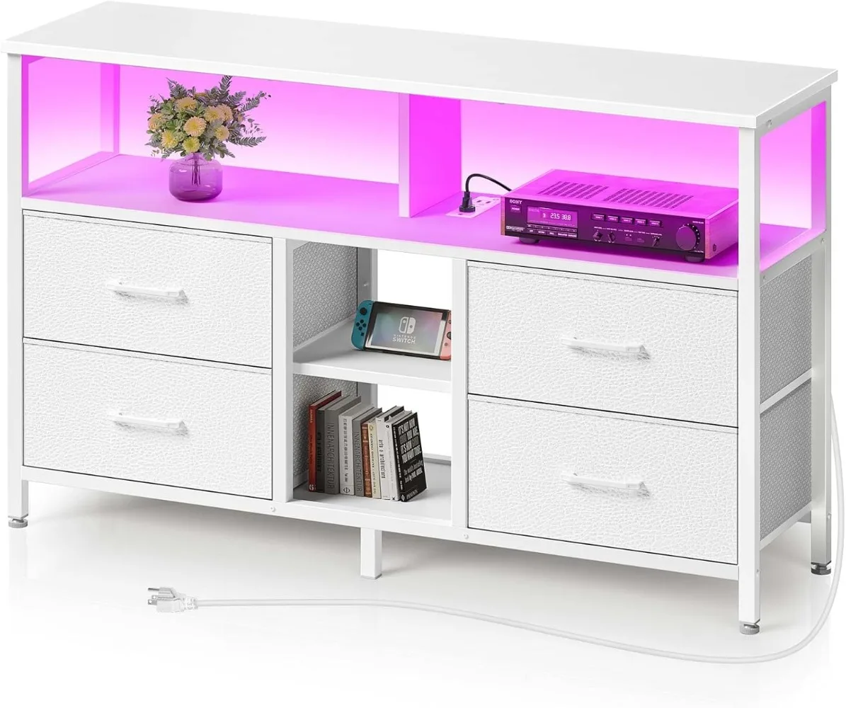 TV Stand with Power Outlets and LED Light, 4 Fabric Drawers Entertainment Center for 32/45/55 inch TVs