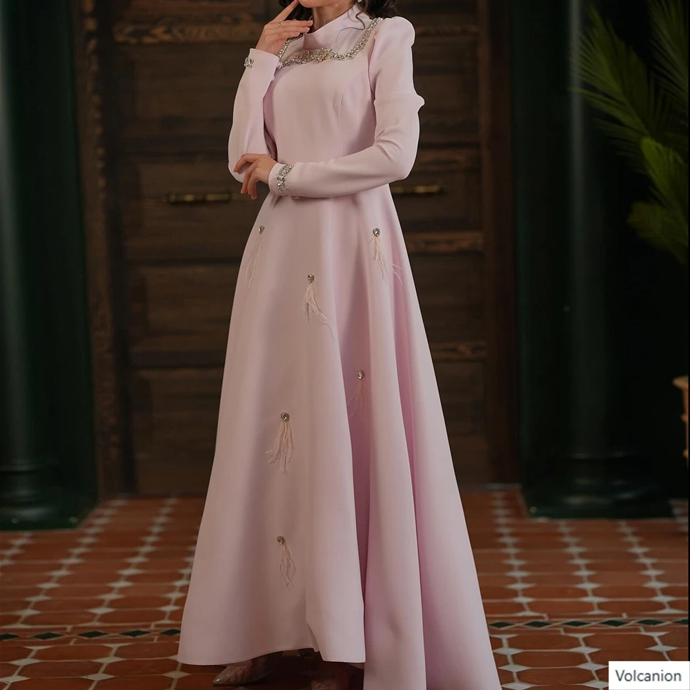 

Customized A-line Evening Dresses Floor-length High-neck Full Sleeve Prom Gown Fashion Crystal Tassel Simple Draped Party Gown
