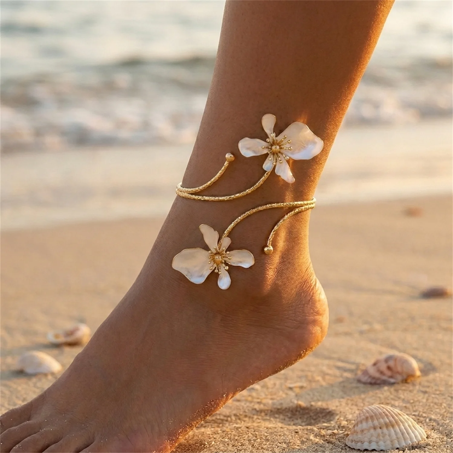 Böhmische Metall-Emaille-Blumen-Fußkettchen für Damen, Modische Geometrische Blumen-Fußkettchen, Täglicher Party- und Urlaubsschmuck – Detail 1