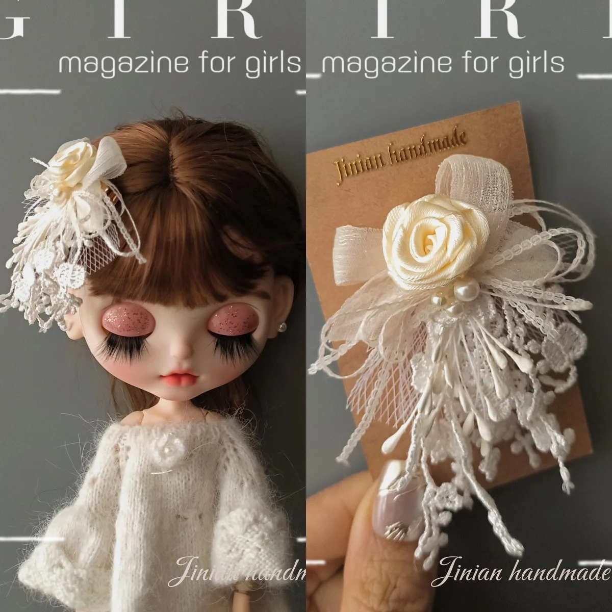 Acessórios de Cabelo para Boneca Blyth: Laço de Renda Rosa Branca Elegante, Presilha Francesa para Bonecas Blyth de 19 Juntas OB24 - Adereço para Vestir Bonecas