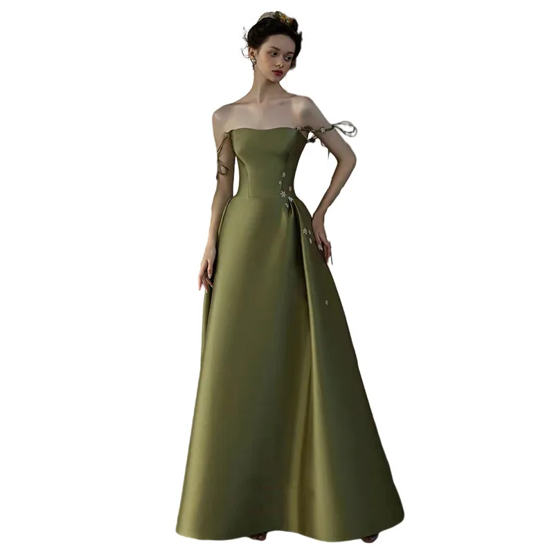 Robe de soirée en satin vert olive pour femme, vintage, bretelles spaghetti, plissé, robe de Rh, robe florale, luxe