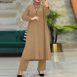 Modest Muslim Sets for Women Long Blouse and Wide Leg Pants Two Piece Sets Ramadan Morocco Kaftan Robe Suits Casual Outfit Femme