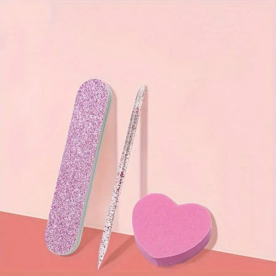 Kit de nail art 3 pièces – Brosse à points, tampon cœur et lime en bois pour manucure professionnelle