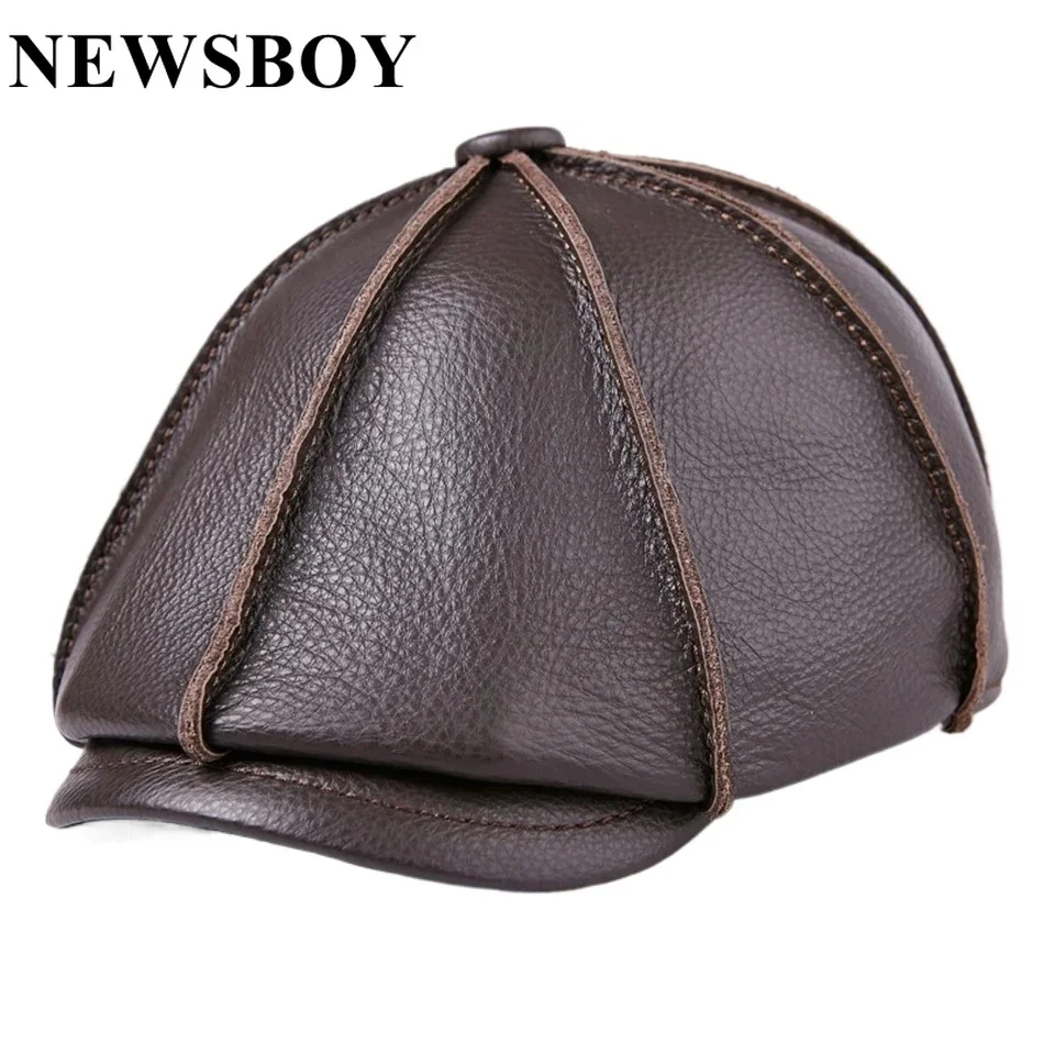 

NEWSBOY Winter Mens Newsboy Caps Real Cow Leather Thick Warm Casual Brown Flat Cap Ivy Flat Hats New Design Brand Artistic