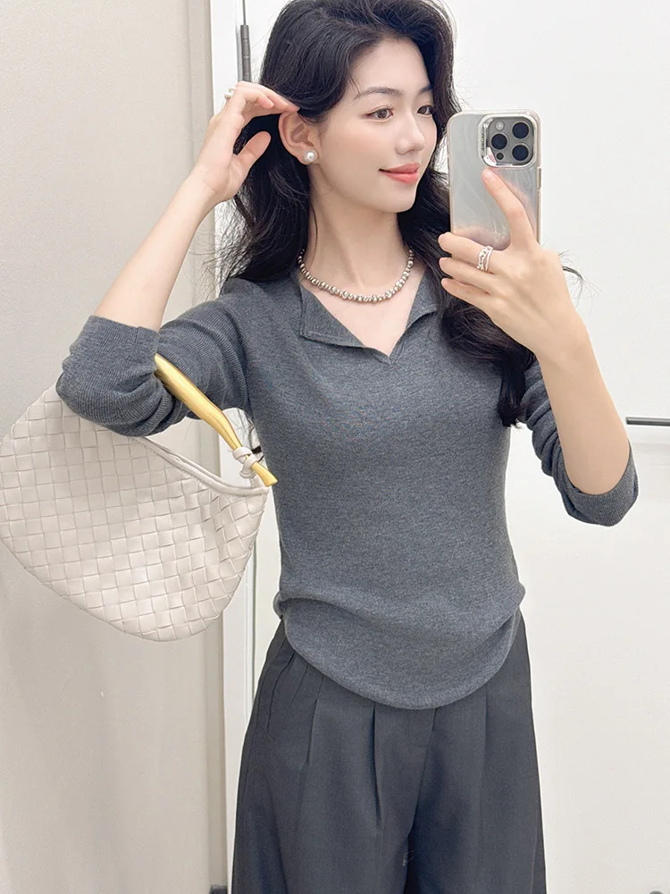 Early autumn new worsted 100%wool sweater women thin slim-fit scissors collar style base shirt all match inside the jumper