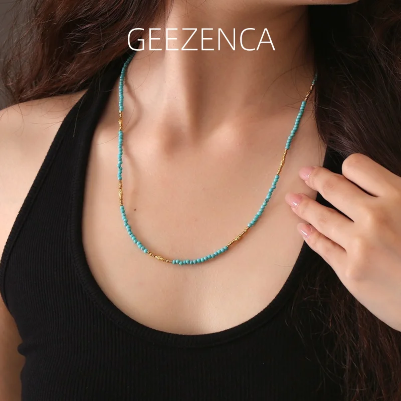 

GEEZENCA 925 Sterling Silver Turquoise Rosary Bead Strand Necklace Women 18K Gold Dainty Thin Layered Necklaces Gift For Her