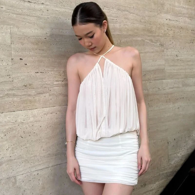 Zeyla 2025 Spring New Sexy Halter Neck Dress - Sheer Mesh Panel Bodycon Midi Dress with Ruffle Details