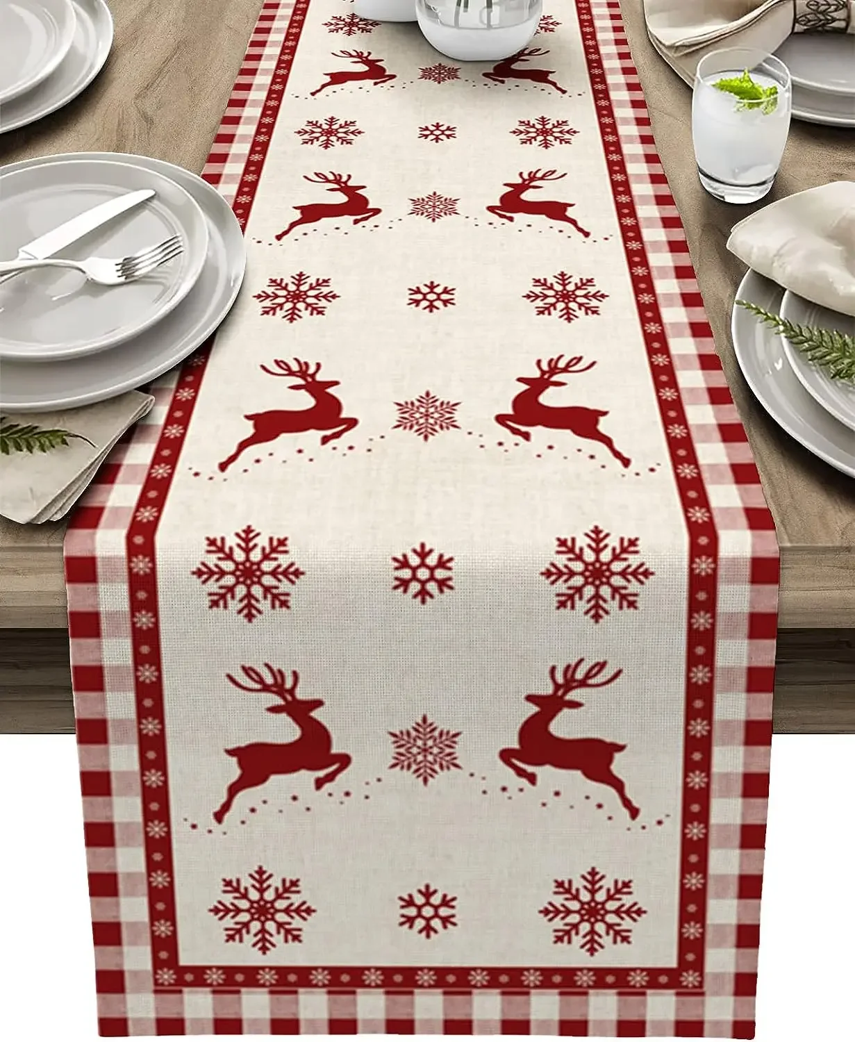 Christmas Elk Red Buffalo Plaid Linen Table Runners Kitchen Table Decor Farmhouse Dining Table Runner Christmas Decorations 2023