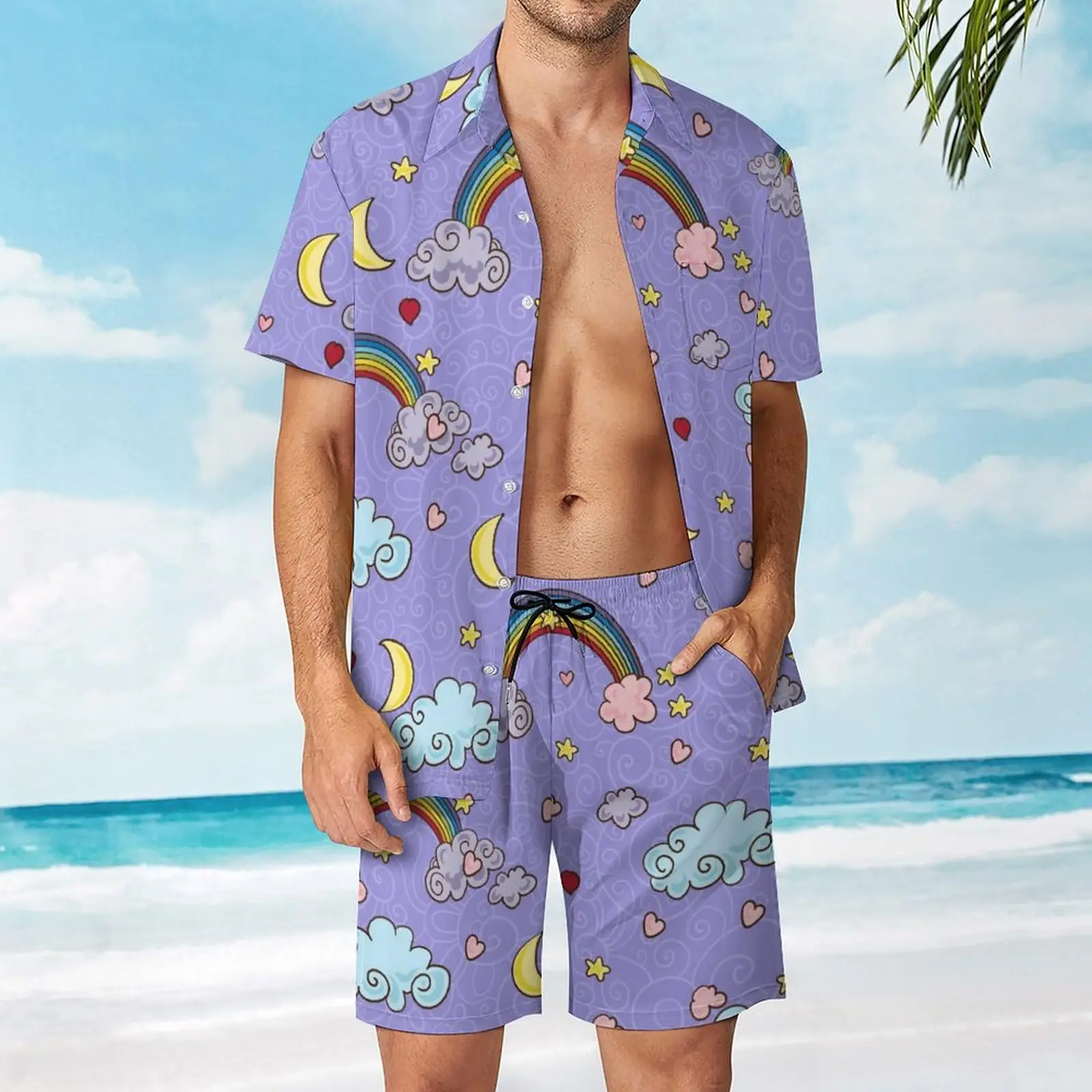 

Hawaiian Cartoon Shirt Set Beach Style Men 3D Print rainbow Summer Suit Collar Short Sleeve Shirts Shorts Set Casual Pants Set
