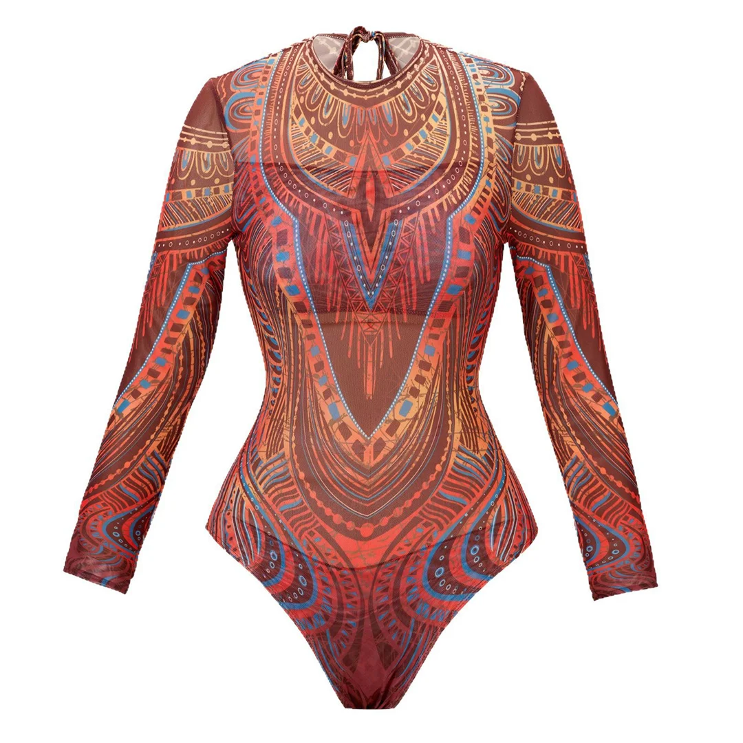 XS - XXL Bedruckter Langarm-Badeanzug mit Sarong, Damen-Badeanzug, einteiliger Badeanzug, weiblicher Badeanzug mit hohem Beinausschnitt, Badebekleidung, Badeanzug V7136 – Detail 3