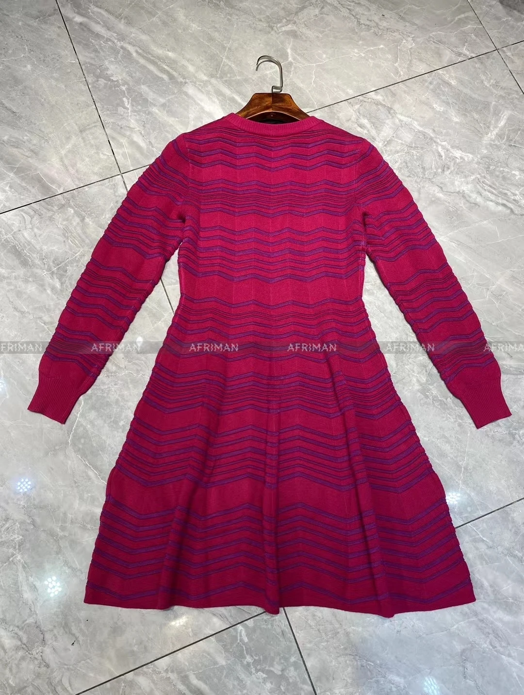 Women Half High Neck Wave Striped Waist A-line Mini Knitted Dress