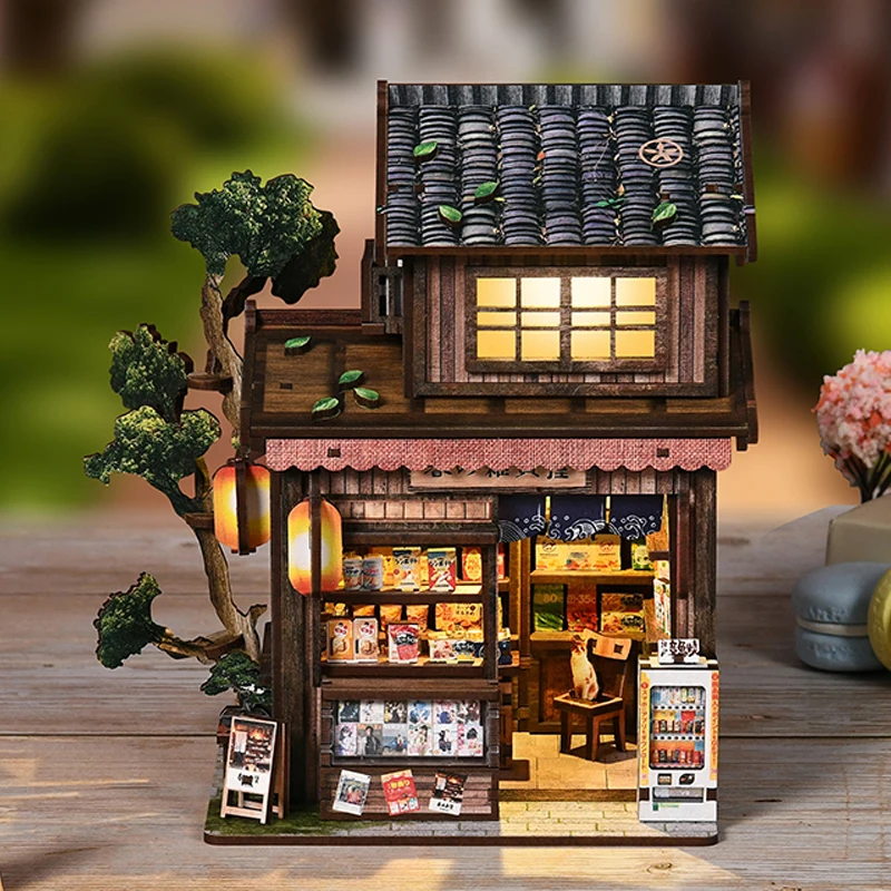 

DIY Book Nook Wooden Miniature Model Kits Kasuga Grocery Store Bookend 3D Puzzle with LED Light for Friends Birthday Gifts