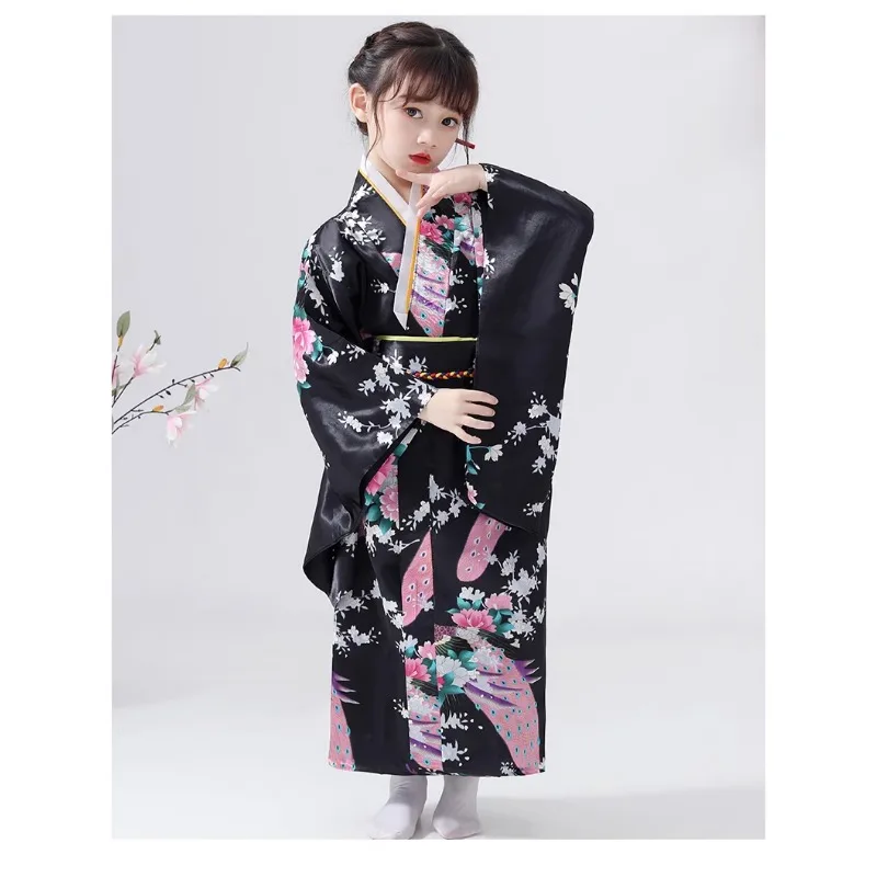 High Quality Children Girls Red Japanese Kimono Bathrobe Gown Print Flower Performance Clothing  Soft Cosplay Costume