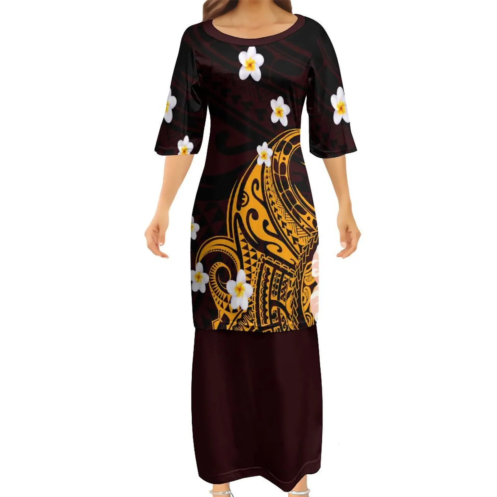 

Summer Custom Women'S Half-Sleeve Dress Puletasi National Dress Polynesian Tribal Design Dress Two-Piece Set