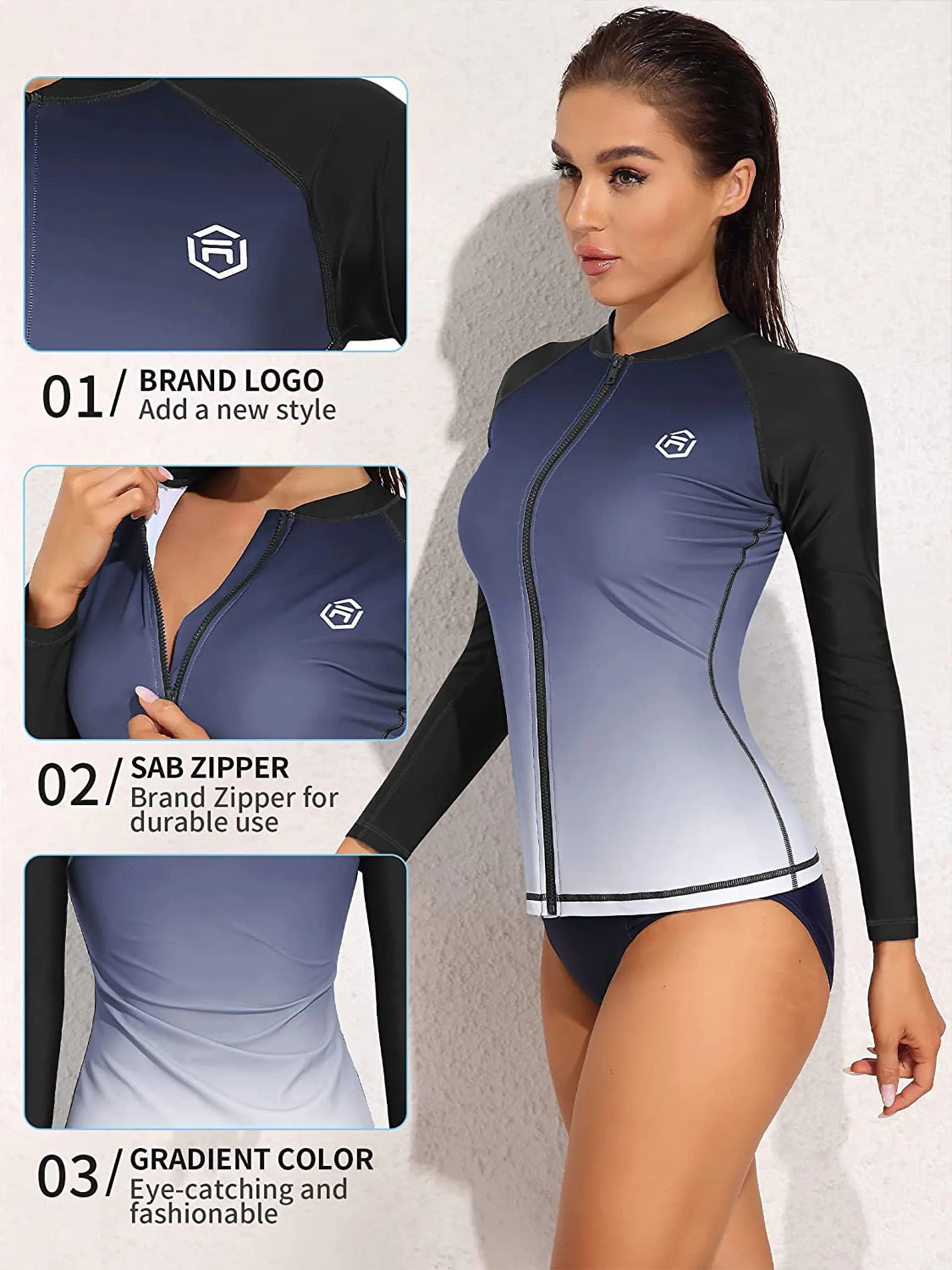 Charmleaks Women Rash Guard UPF 50+ Crew Neck Long Sleeves Zipper Gradients Color Quick Dry Soft Swimming Surfing Tops