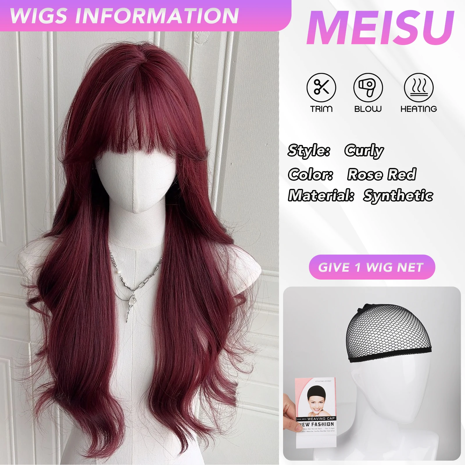 MEISU 26 بوصة الاصطناعية مجعد موجة الانفجارات شعر مستعار ألياف حمراء وردية مقاومة للحرارة الطبيعية وسلسة هالوين تأثيري للنساء #2