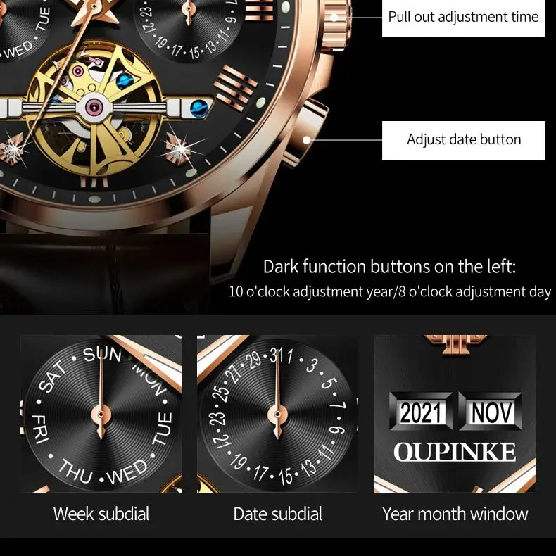 OUPINKE 3186 Leather Strap Men's Watches Moon Phase Waterproof Flywheel Wristwatch Man Automatic Mechanical Watch Luxury Brand