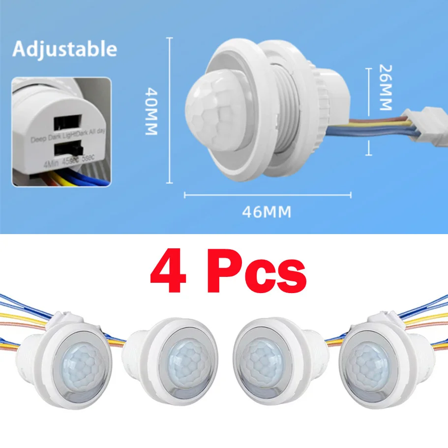 AvvRxx 4 Pcs LED PIR Adjustable Delay Human Body Infrared Detector IR Infrared Motion Sensor Light Switch for Home AC 85V-265V