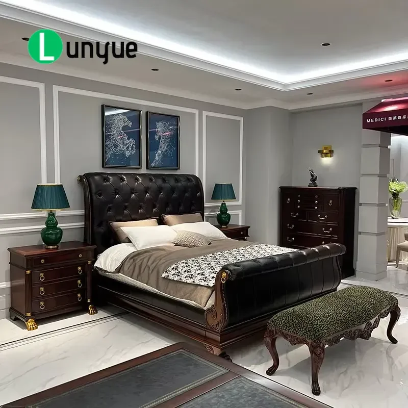 American Brown Leather King Bed Solid Wood Frame Retro Nostalgic Style with Copper Accents Luxury Villa Bedroom Furniture