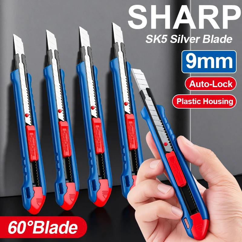 140mm Box Cutter With Blade Breaker Self Lock Plastic Body SK5 Silver Blade Duty Snap Off Knife For Home Repair And Packaging