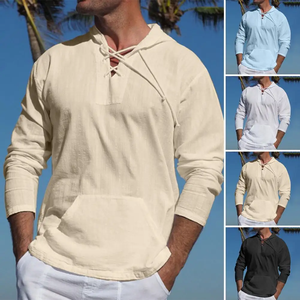 Spring Summer Cotton Linen Men's Hooded Pullover Solid Thin Long Sleeve Shirts With Hat Casual String Lace Up T-shirts Men Tops