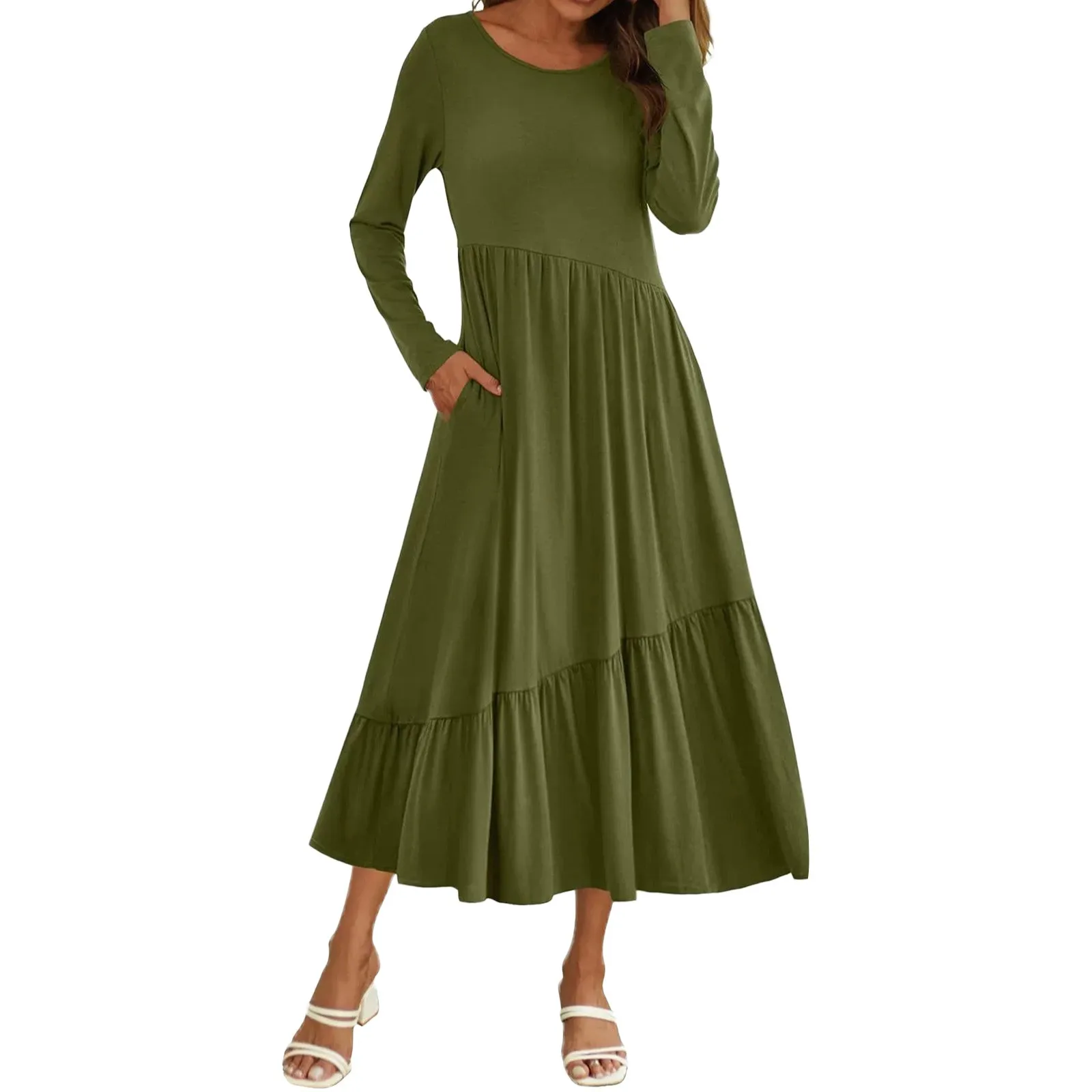 

Women Midi Dress Large Size Long Sleeve Shirt Swing Dress Loose Plain Casual Summer Flowing With Pockets Layered Long Dresses