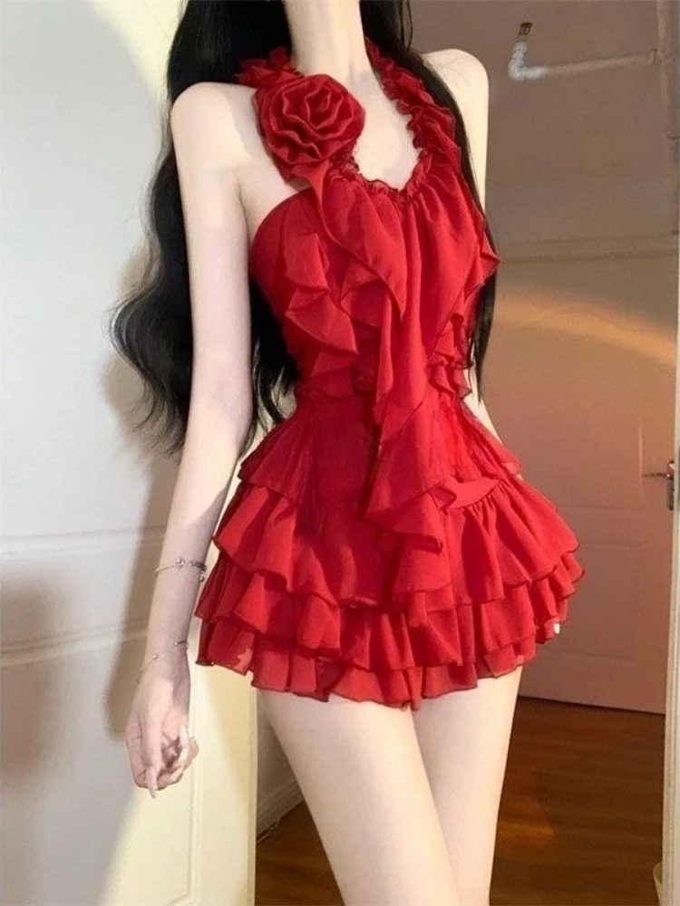 

Y2k Aesthetic 2 Piece Sets Womens Outfit Halter 3D Flower Sexy Ruffled Tank Top + Grunge Ruffled Mini Skirts Summer Vintage Suit