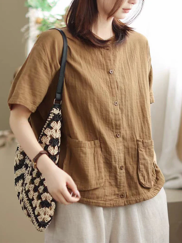 Amax lulue coreano 2025 verão senhoras clássico vintage camisas soltas femininas blusas de lazer solto sólido topos roupas de linho de algodão