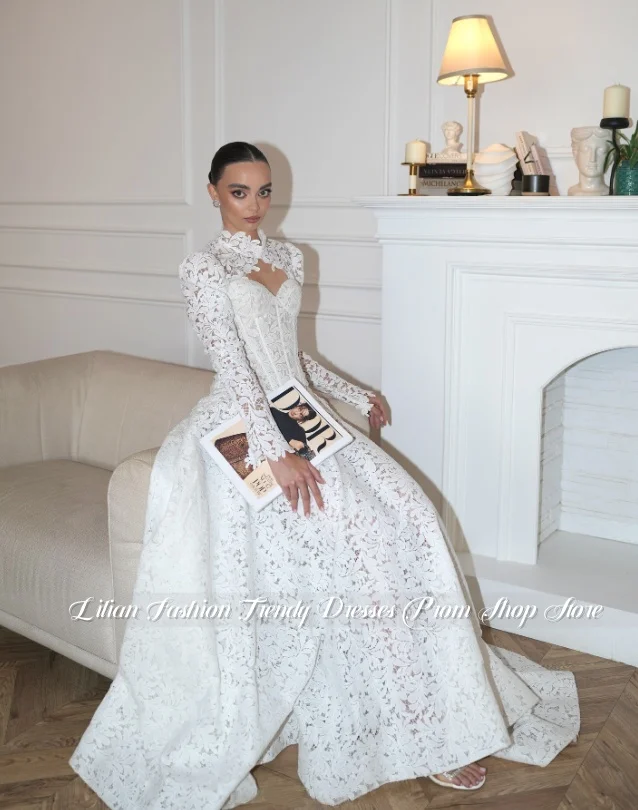 Customised Lace Long Sleeve Wedding Dress Middle Eastern A Line Skirt Bridal Gown Formal Occasion Evening Gown Wedding Dress