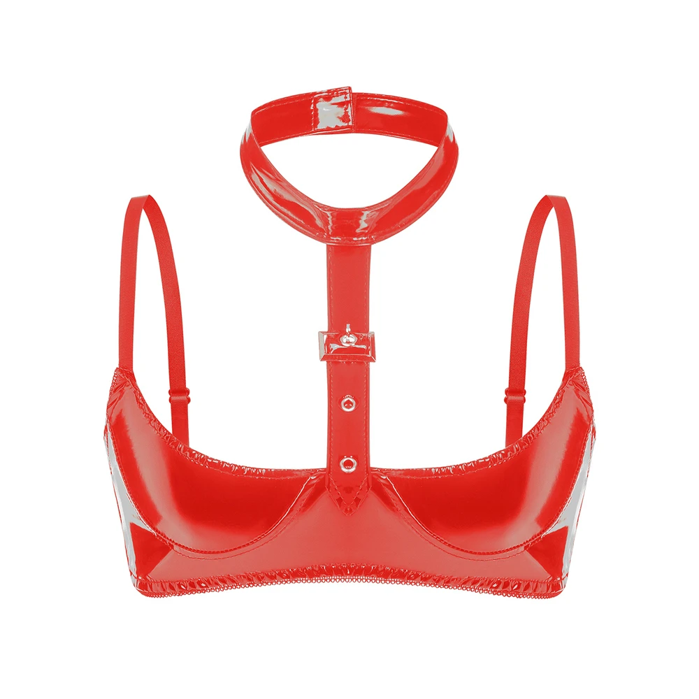 

Women's Sexy Slim Shoulder Strap Low Cup Adjustable Leather Bra, Suspender Neck Bra, Hot and Erotic Nightclub Bra, Women's Top