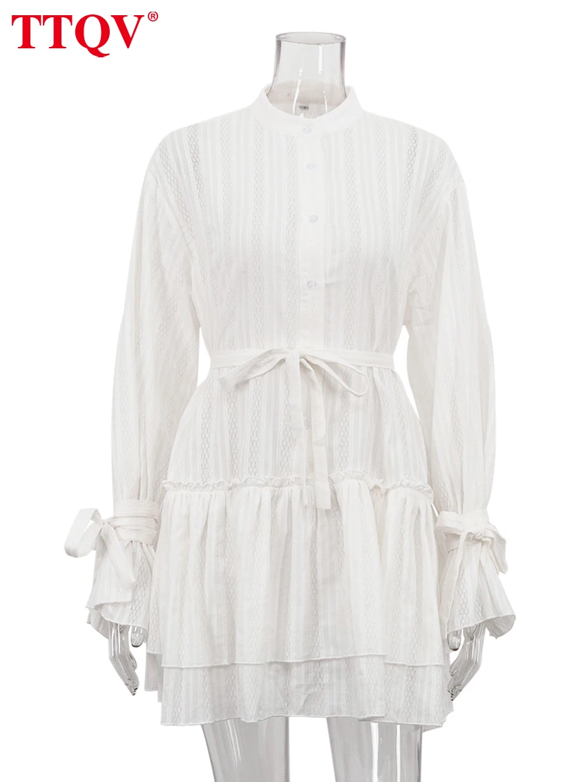 White Stand Collar Long Sleeve Pleated Mini Dress