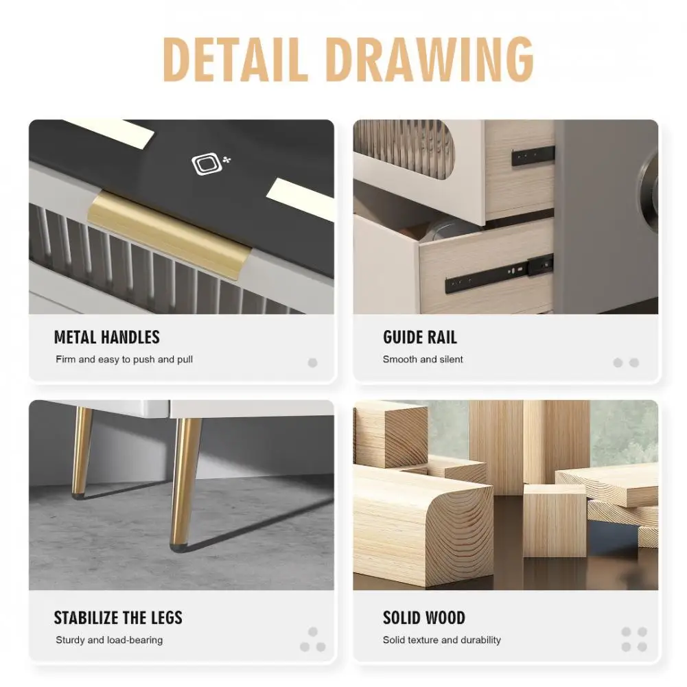 Two Drawer Smart Bedroom Nightstand with Wireless Charging 3 Color LED Lights and Bluetooth Audio Features