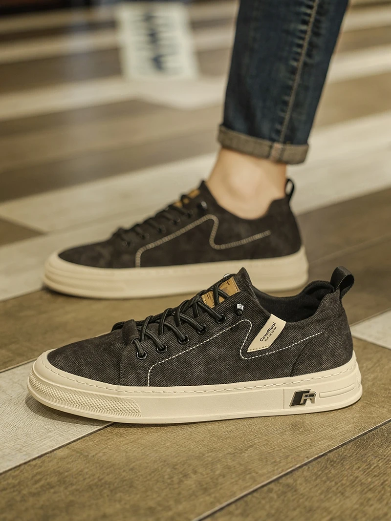 

Casual Canvas Men's Shoes Spring Autumn Low Top Breathable Flat Work Footwear Fashionable Black Slip-On round Toe Rubber Sole