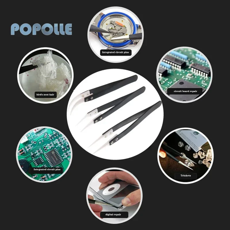 3-piece set/Precision tweezers Anti static ceramic straight curved pointed tweezers Stainless steel handle Industrial tweezers