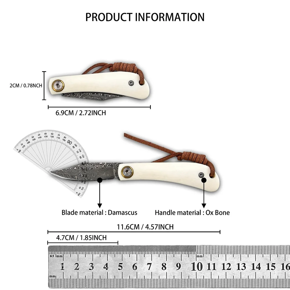 Vintage Damascus Folding EDC Pocket Knife Ivory Bone Handle, Compact Survival Camping Knife for Outdoor Hunting Collection Gift view 6