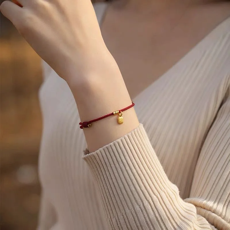 Handmade Gold Color Fu Blessing Size Adjust Bracelet Women Men Red String Hand Woven Bangles Drop Shipping