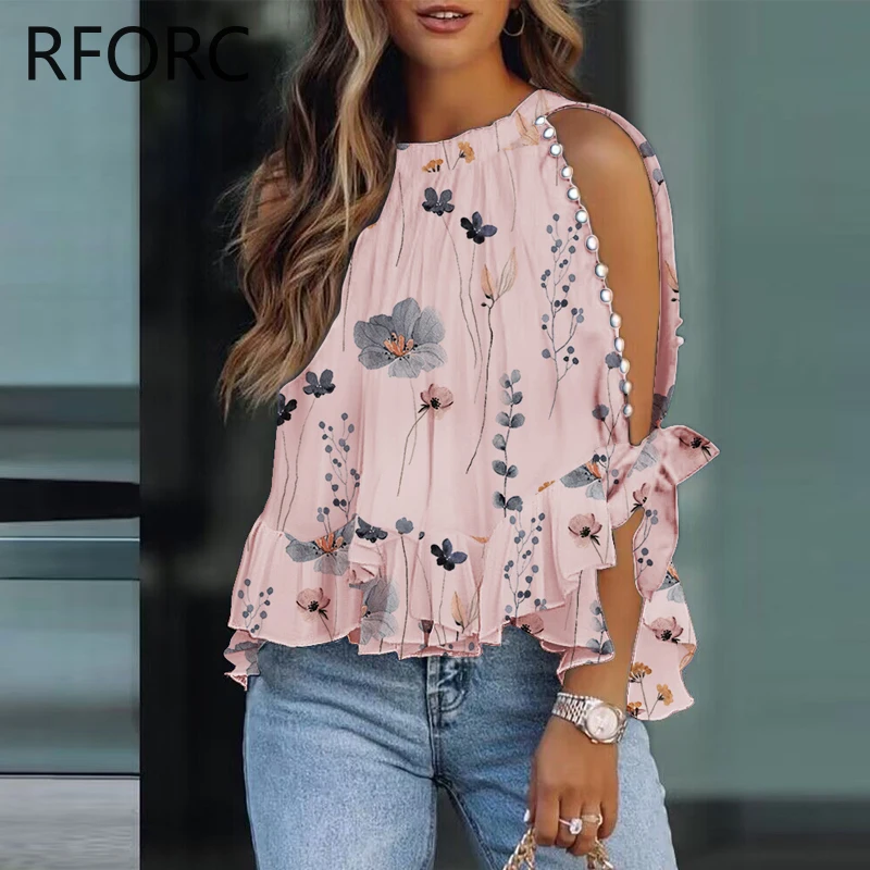 2024 Women Ruffle Hem Long Sleeves Round Neck Allover Print Rhinestone Decor Sleeves Vacation Blouse Top