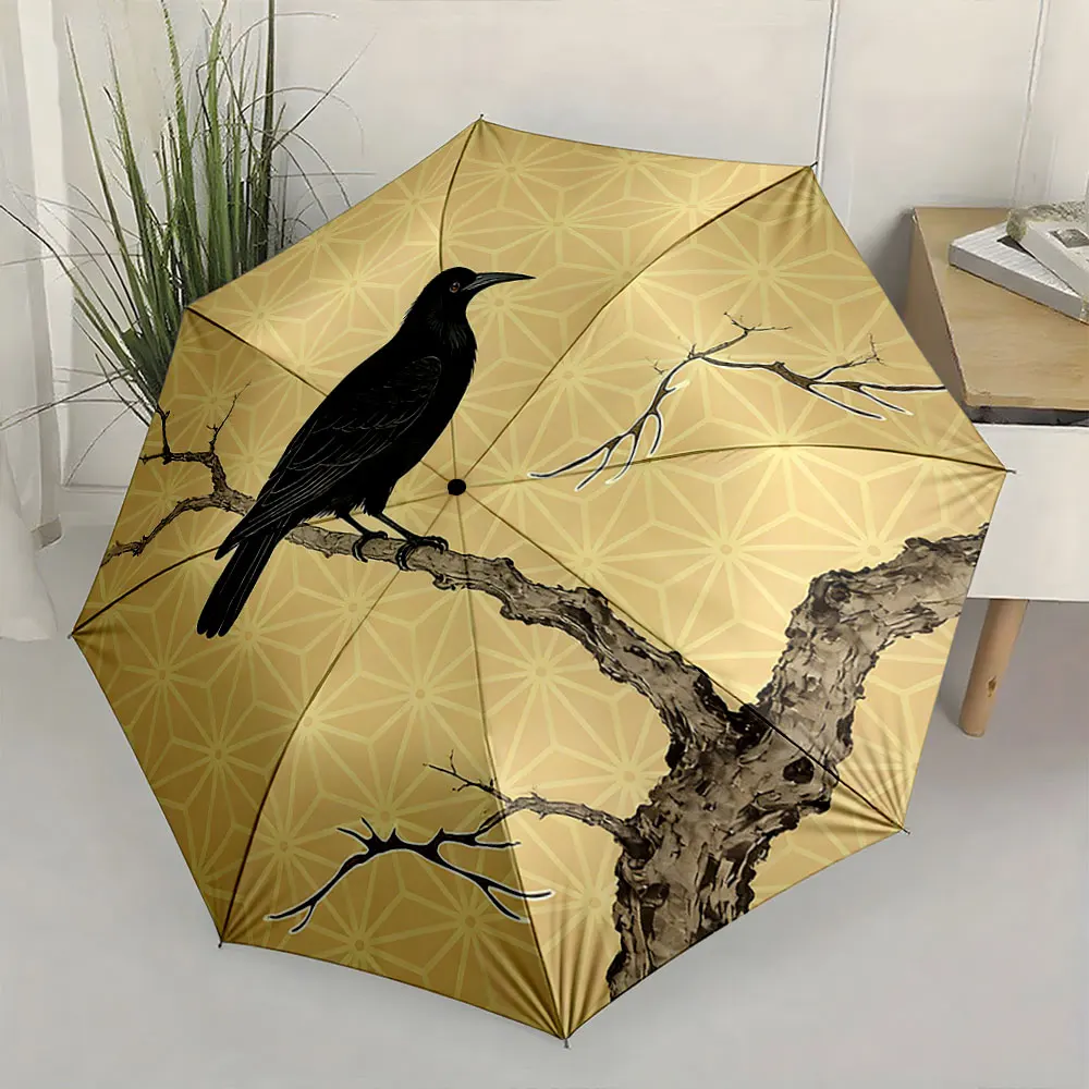 1PC Stylish Umbrella with a Black Bird and Geometric Design Print 8 Iron Ribs Folding Umbrella Auto-Open Fashion Sunshade