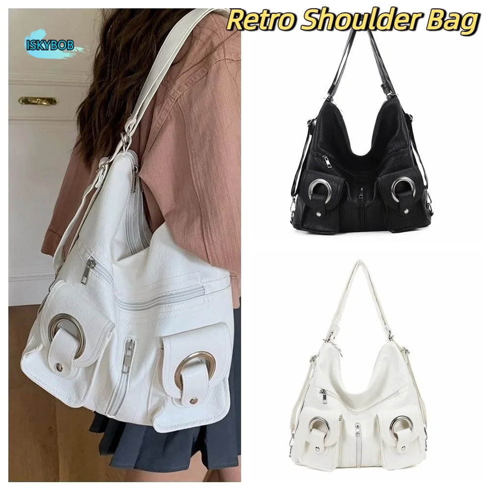 

Portable Y2K Retro Shoulder Bag Large Capacity Soft Leather Vintage Backpack Handbag Korean MotorcycleBag Girls