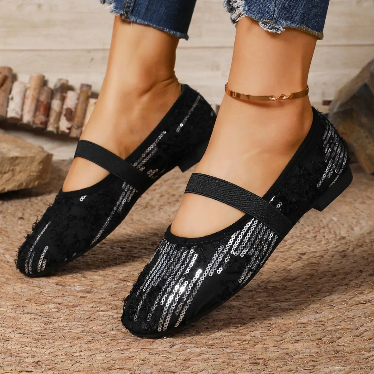 Zapatos planos de corte bajo Mary Jane con lentejuelas brillantes para mujer, zapatos planos de estilo coreano con hebilla, calzado informal cómodo para primavera y verano