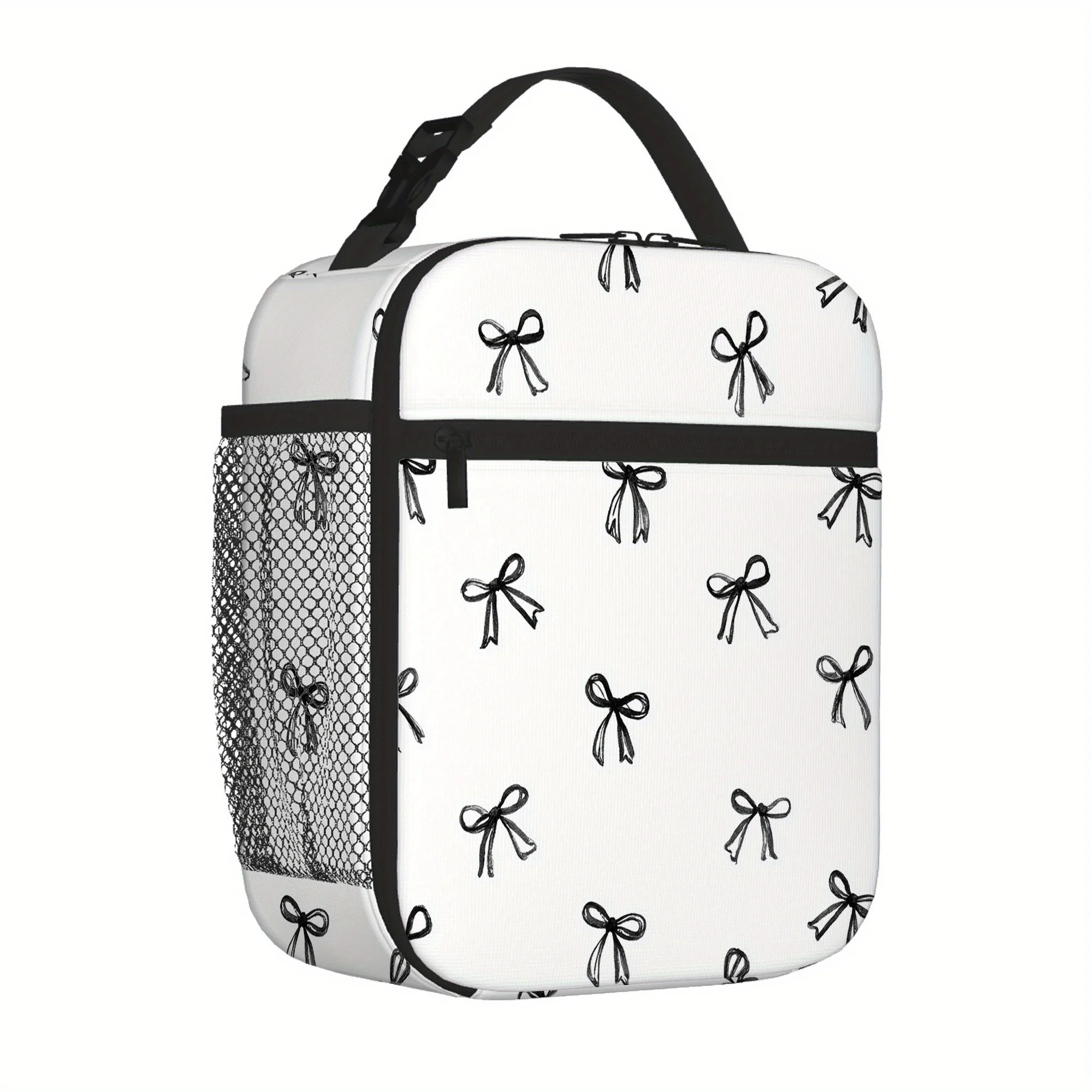 Hand-Drawn Bow Print Insulated Thermal Bag - Reusable, Portable, No-Food Contact, Ideal for Home, Office, Restaurant Use