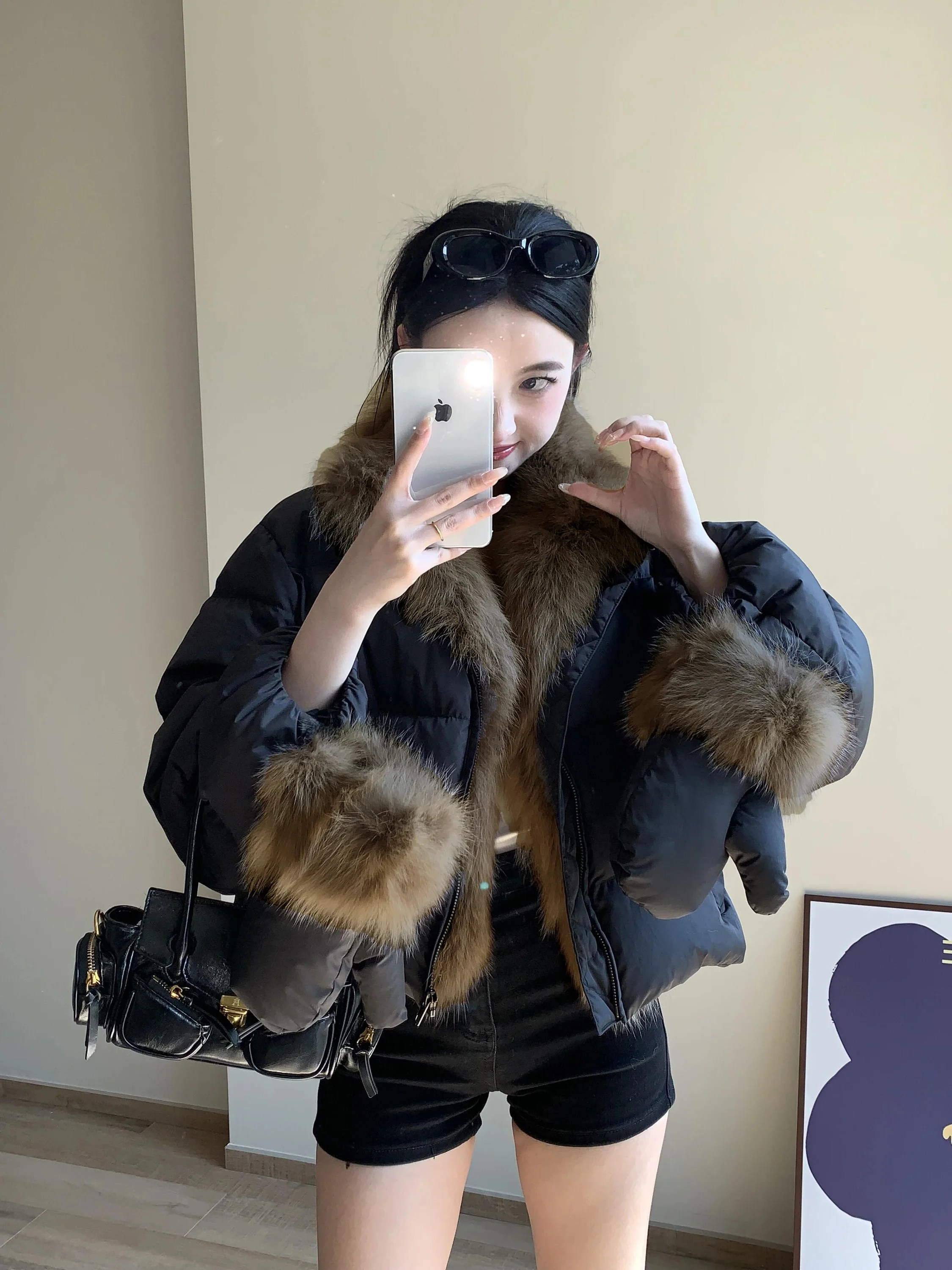 

Premium Black Super Fluffy Plush Splicing down Cotton Jacket Women's Winter Short Thick Warm Cold Resistant Bread Style Coat