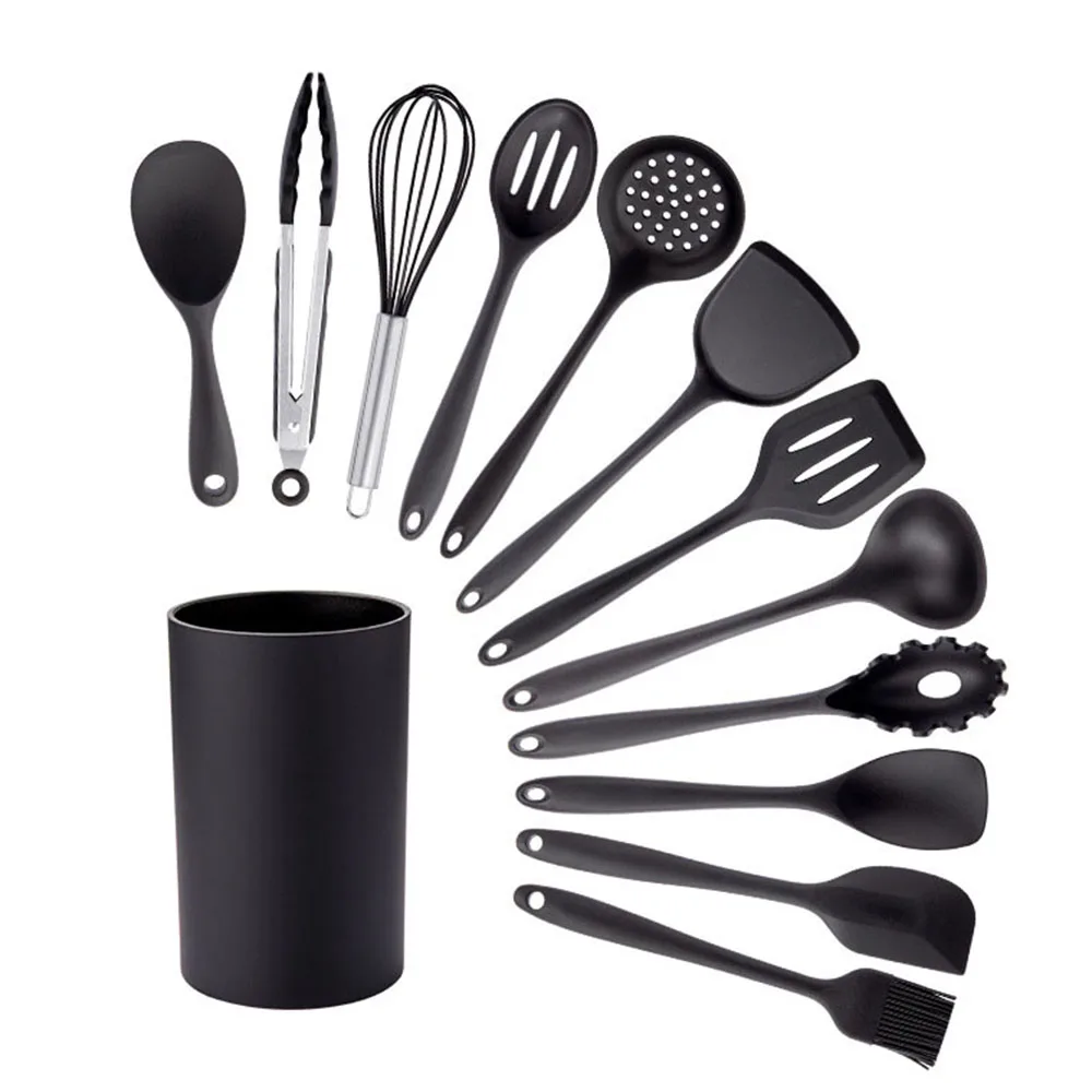 Black Silicone Cooking Utensils Set Non-Stick Pan Baking Tools Kitchenware Slotted Turner Spatula Spoon Food Tongs Kitchen Kit