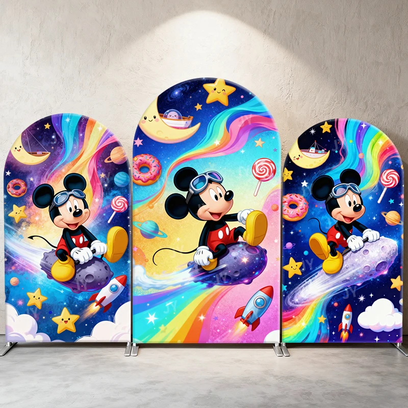 

Mickey Mouse Space Arch Backdrop Cover Colorful Galaxy Party Decoration Photography Prop for Kids Birthday Disney Themed Fabric