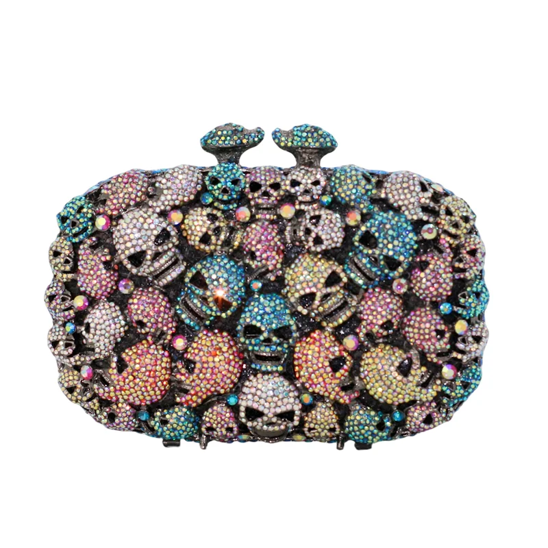 New Shape Blue Skeleton Colorfull Skull Diamond Flower Women Evening Bag Banquet Wallet Crystal Minaudiere Handbags and Barrel