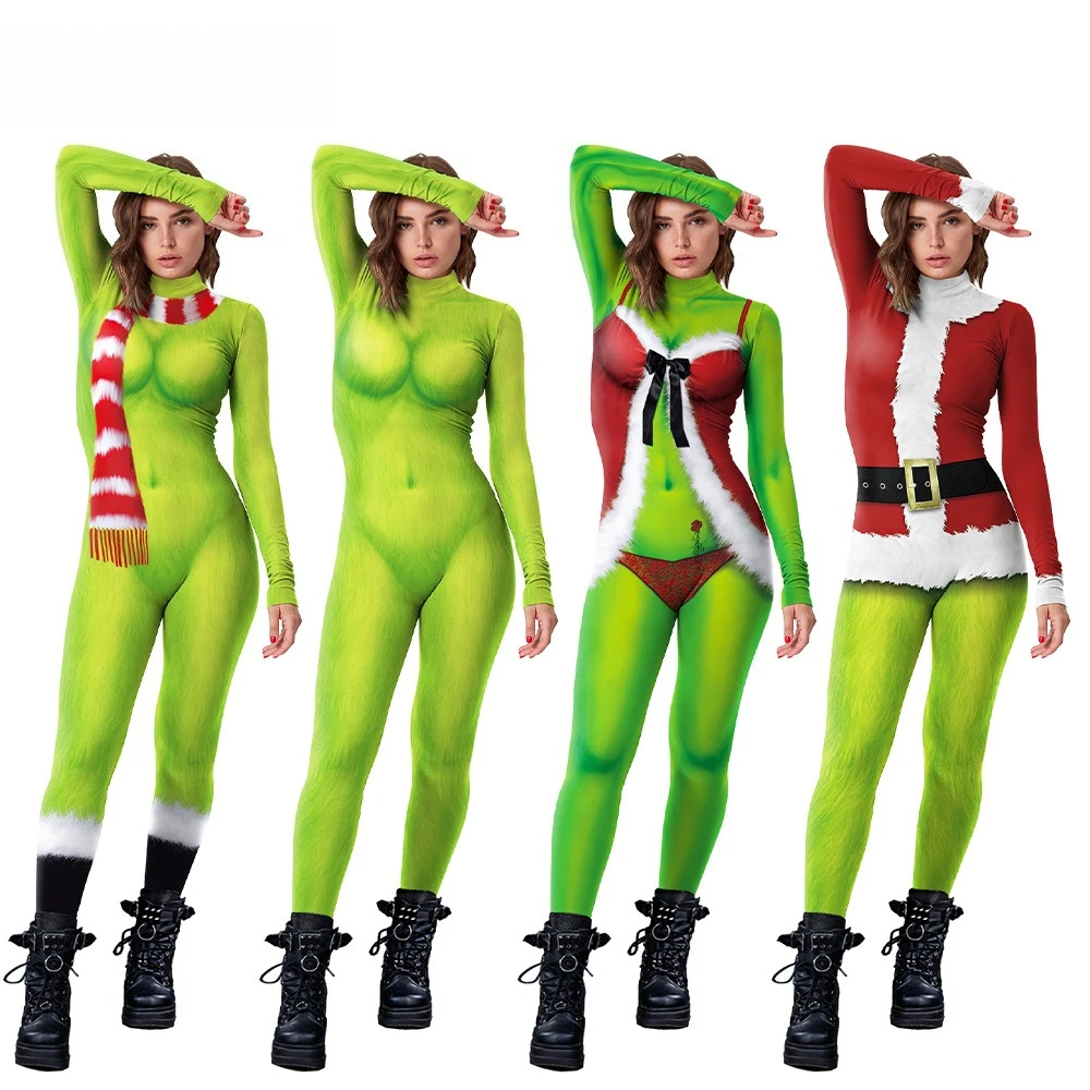 

Christmas Movie Jumpsuit Xmas Cosplay Costume Green Woolen Velvet Pattern Bodysuit Holiday Party Outfit Skinny Couple Jumpsuit