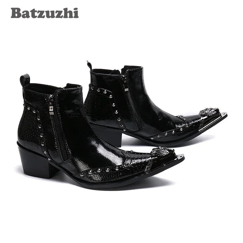 

Черные ботильоны из натуральной кожи Batzuzhi, модные мужские ботинки, деловые модельные ботинки с металлическим острым носком на молнии, вечерние ботинки, размер 38-47