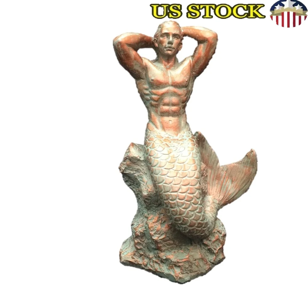 

Large 21 Inch Bronze Patina Merman Mermaid Statue Nautical Garden Decor Pool Patio Indoor Outdoor Use